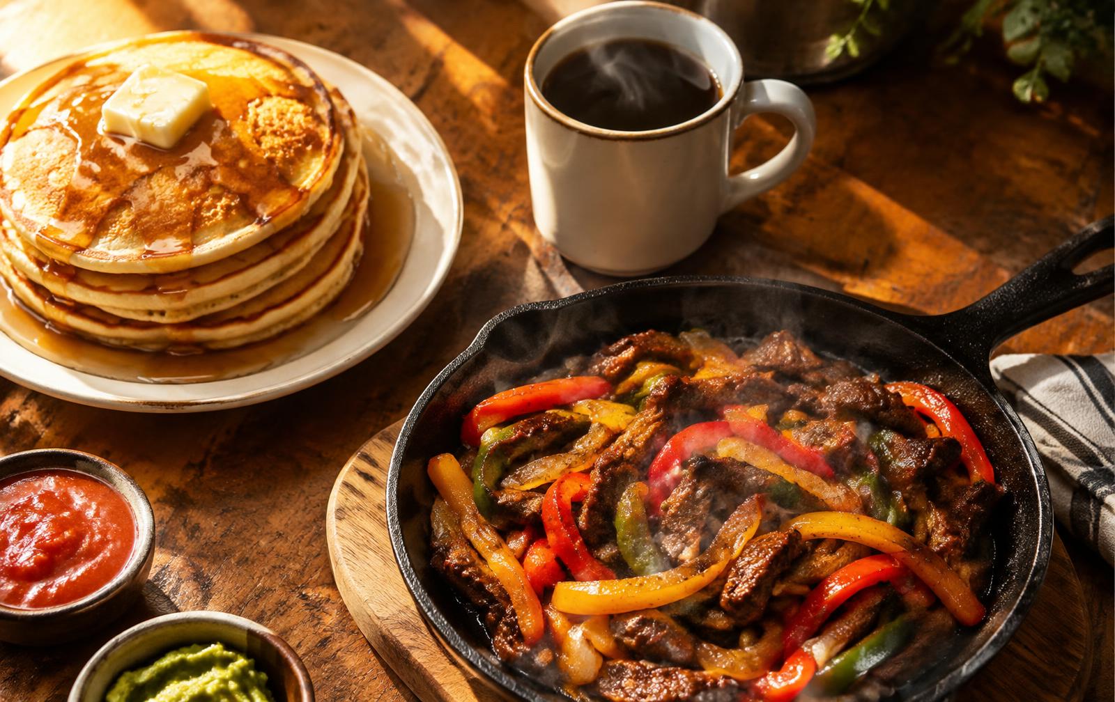 Golden pancakes, coffee and sizzling fajitas